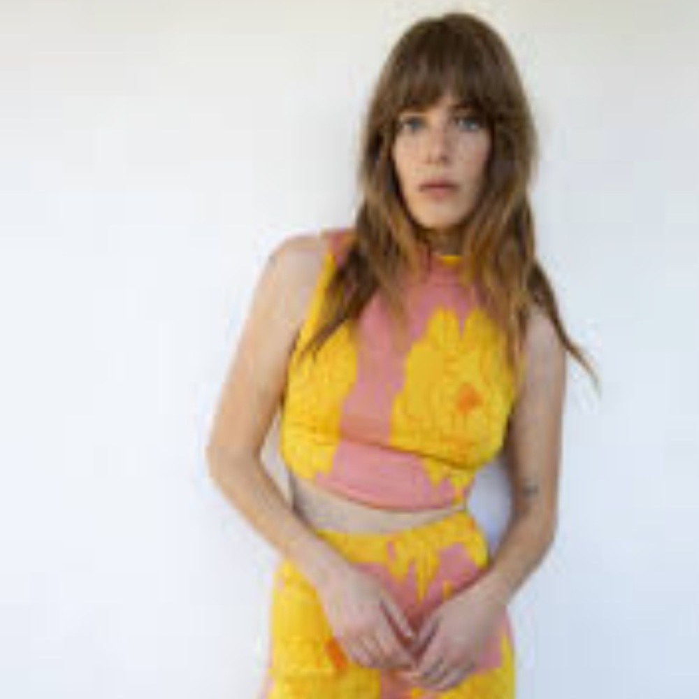 ZARA YELLOW/PINK FLORAL JACQUARD CROPPED TOP
